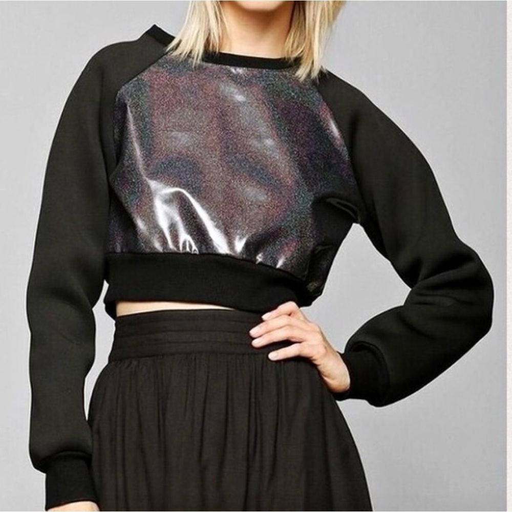 UNIF Black Holographic Neoprene Crop Sweatshirt Grunge Y2K Goth Small - Picture 5 of 16